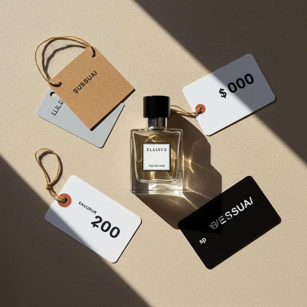 Flacon de parfum photographié en vue de dessus avec éléments de comparaison tarifaire et d'achat