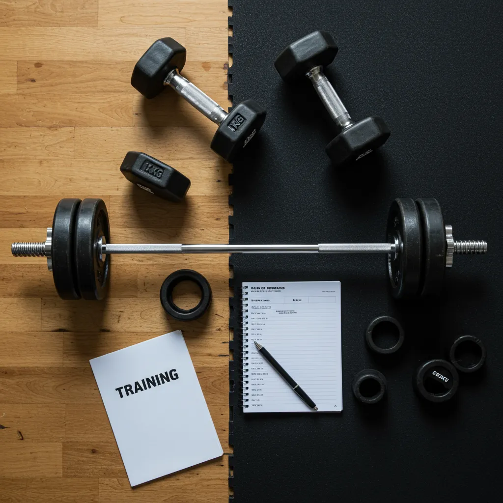 Vue de dessus d'équipements d'entraînement organisés incluant haltères, barre et journal d'entraînement