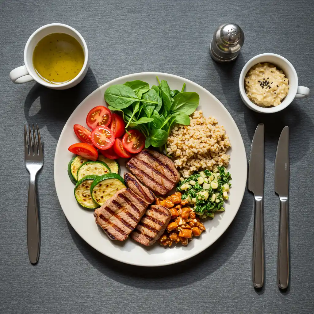 Repas équilibré riche en protéines avec viande grillée, légumes et glucides complexes en vue de dessus