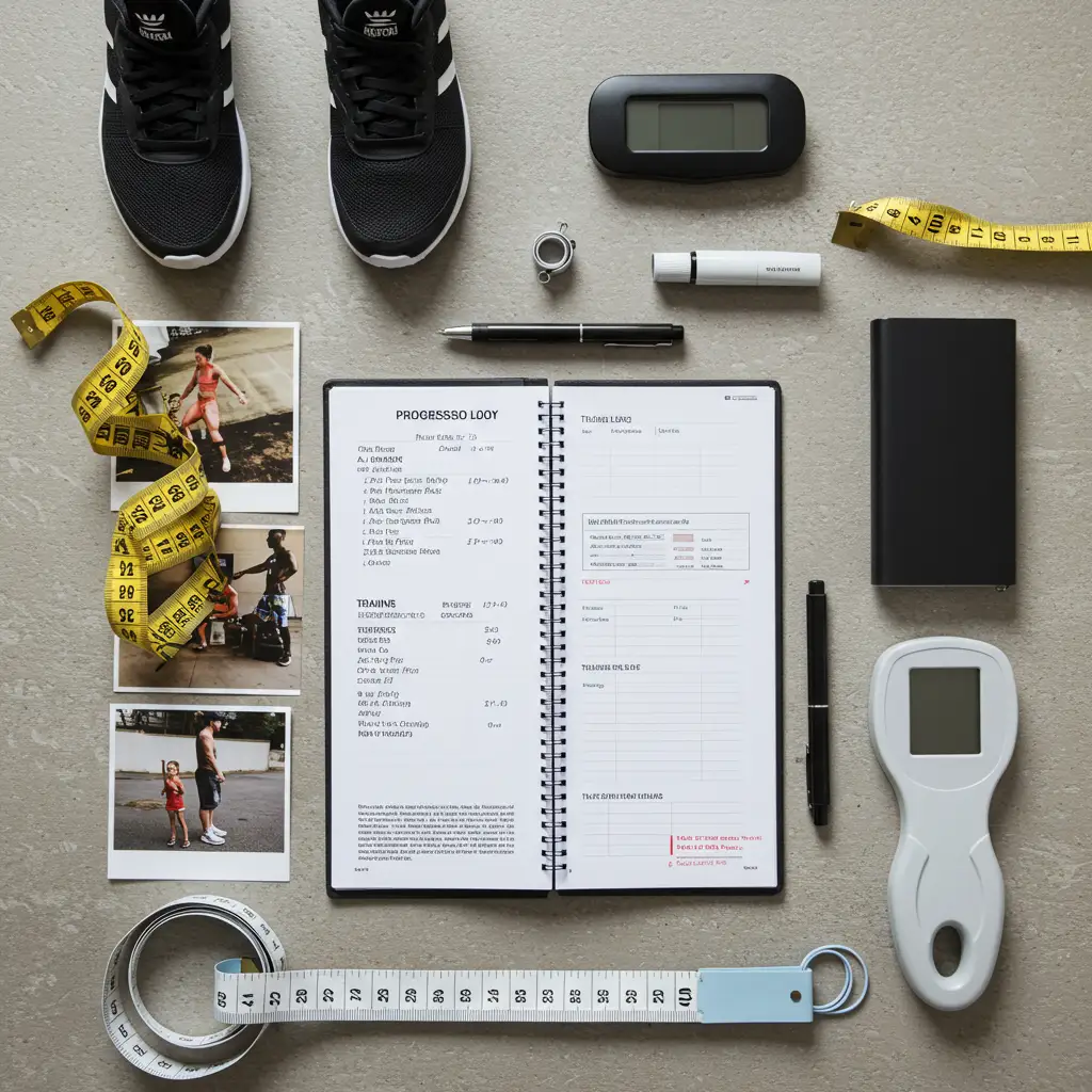 Outils de suivi des progrès incluant mètre ruban, journal d'entraînement et photos de progression