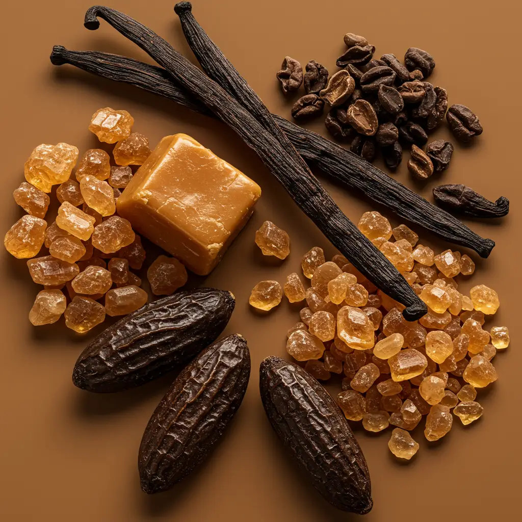 Gros plan des ingrédients olfactifs : vanille, caramel et fève tonka arrangés artistiquement