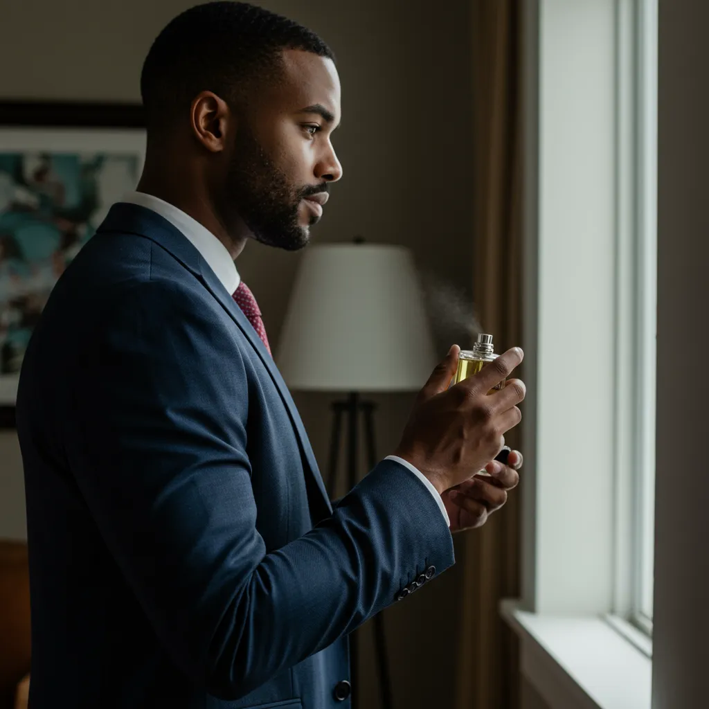 Homme appliquant un parfum avec geste élégant dans un intérieur moderne