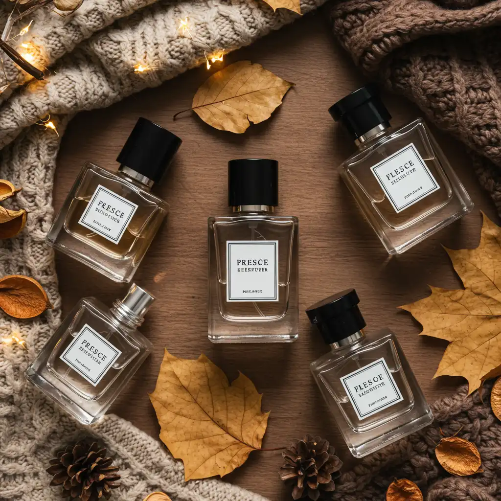 Composition saisonnière automne-hiver avec flacons de parfum et éléments naturels