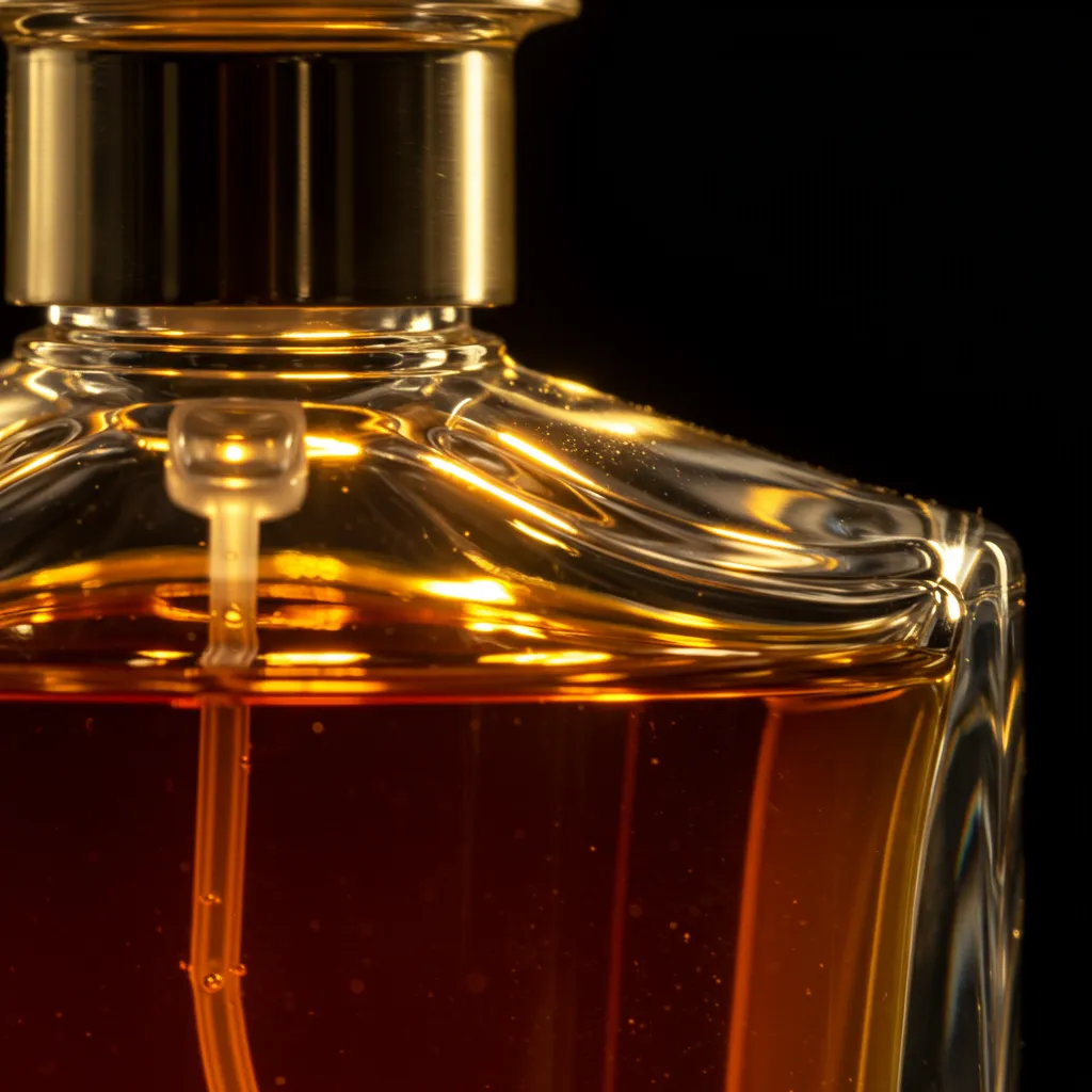 Gros plan sur le liquide ambré d'un flacon de parfum avec éclairage doré naturel