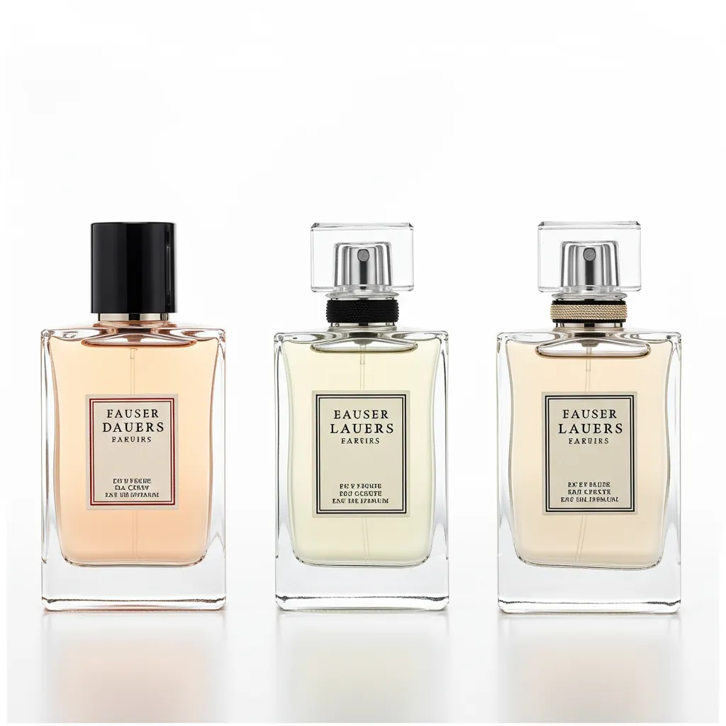 Trois flacons de parfum alignés montrant les différentes concentrations et tailles