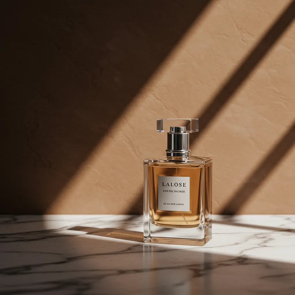 Flacon de parfum posé sur une surface luxueuse avec éclairage naturel doux