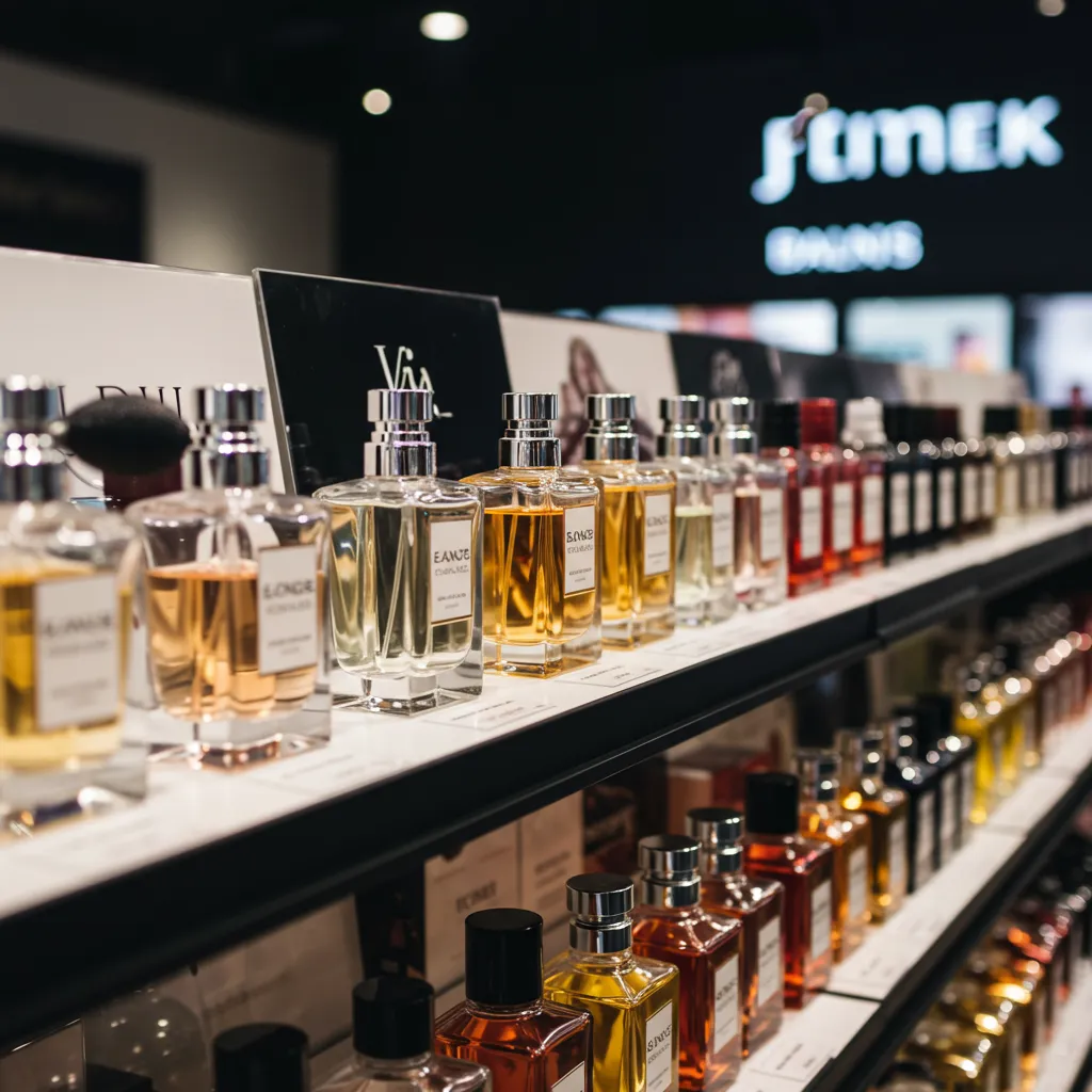 Présentation de flacons de parfum en vitrine ou rayon de magasin avec éclairage professionnel