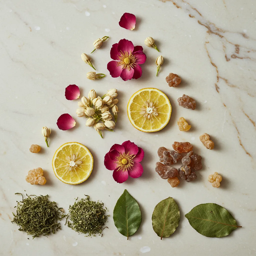 Gros plan des ingrédients olfactifs de Gris Dior : pétales de rose, fleurs de jasmin, agrumes et notes boisées arrangés artistiquement