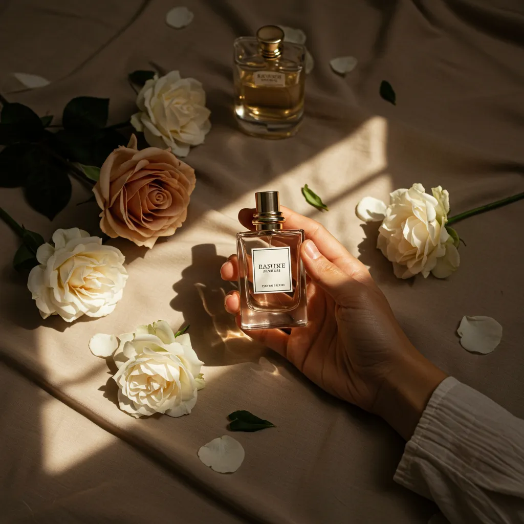 Scène lifestyle élégante montrant un flacon de parfum avec des fleurs blanches et roses, lumière naturelle douce et atmosphère sophistiquée