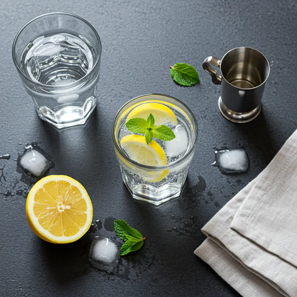 Verre d'eau minérale Rozana servi avec glaçons et citron pour une consommation optimale