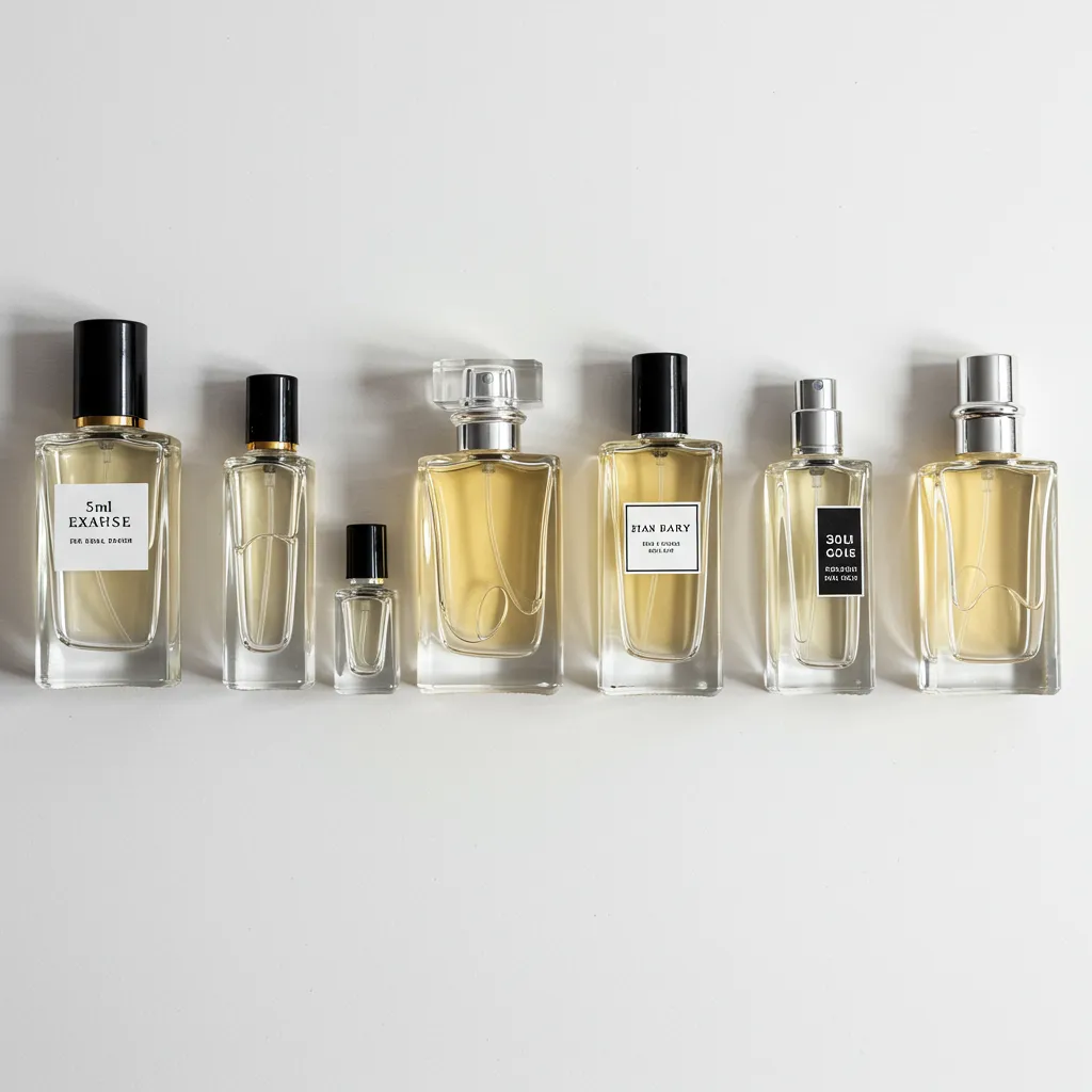 Comparaison visuelle de différents formats de flacons de parfum du plus petit au plus grand