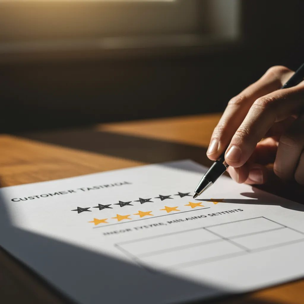 Gros plan sur des avis clients écrits à la main avec des étoiles de notation