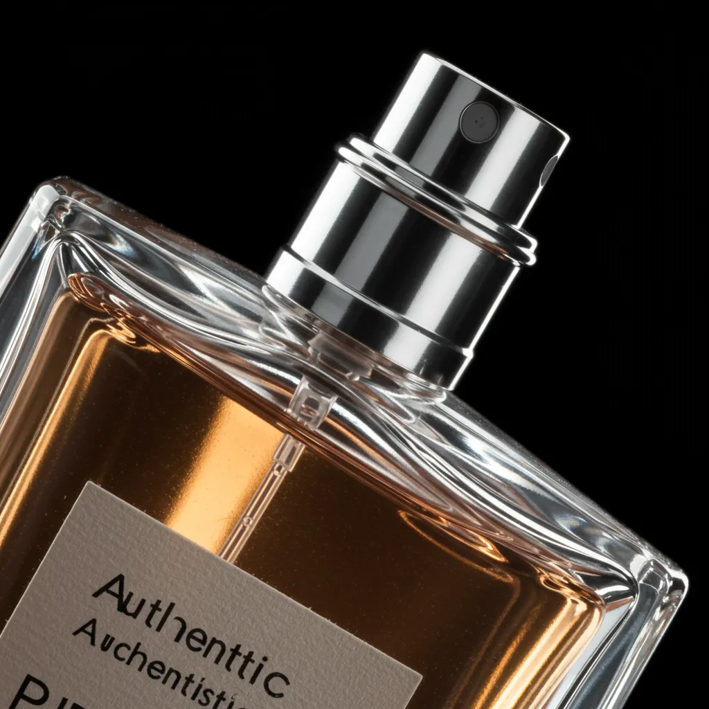 Détail macro d'une bouteille de parfum authentique mettant en évidence la qualité et les caractéristiques de sécurité