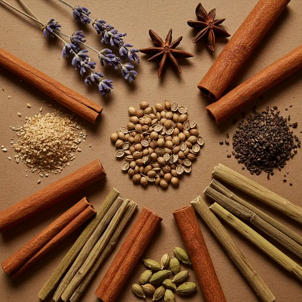 Ingrédients olfactifs du parfum Jazz disposés en composition éditoriale avec lavande, coriandre et épices