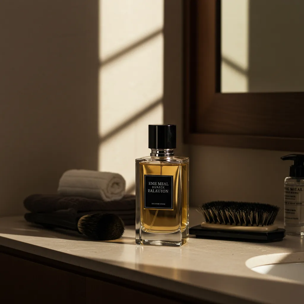 Mise en scène lifestyle d'un flacon de parfum dans un contexte de soins masculins haut de gamme