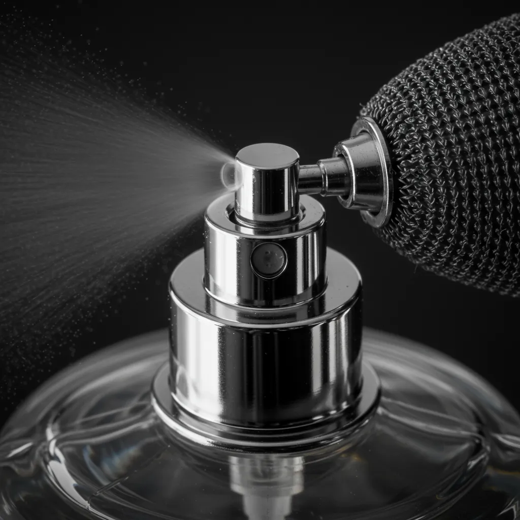 Gros plan du pulvérisateur d'un flacon de parfum 100ml montrant le mécanisme de vaporisation
