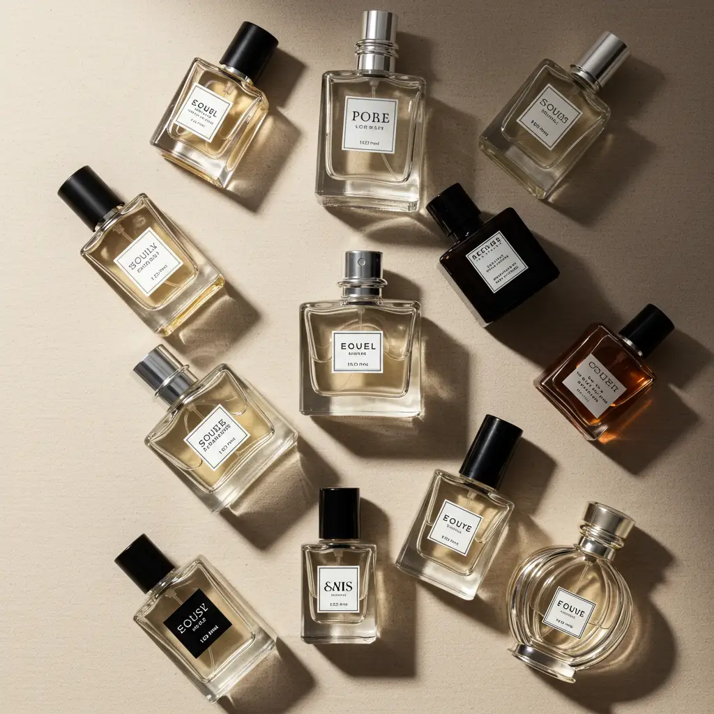 Plusieurs flacons de parfum 100ml de styles différents photographiés en vue de dessus avec éclairage naturel