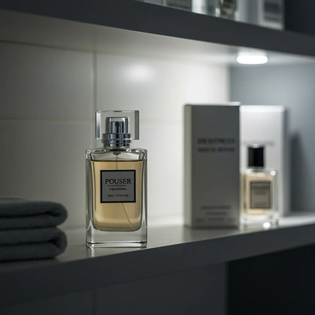 Flacon de parfum 100ml rangé dans des conditions de conservation optimales sur une étagère avec lumière naturelle douce