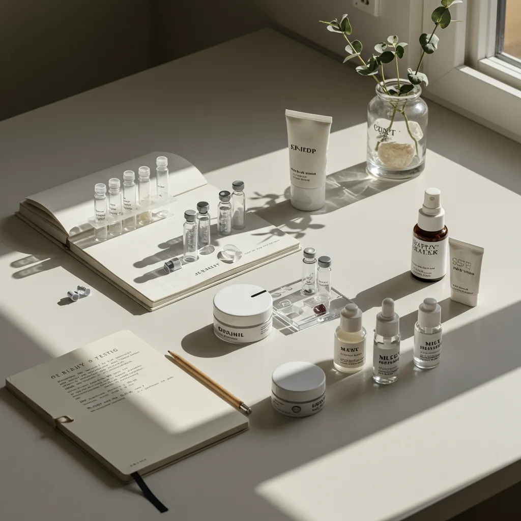 Espace de travail minimaliste avec des échantillons de produits de beauté et un carnet de notes