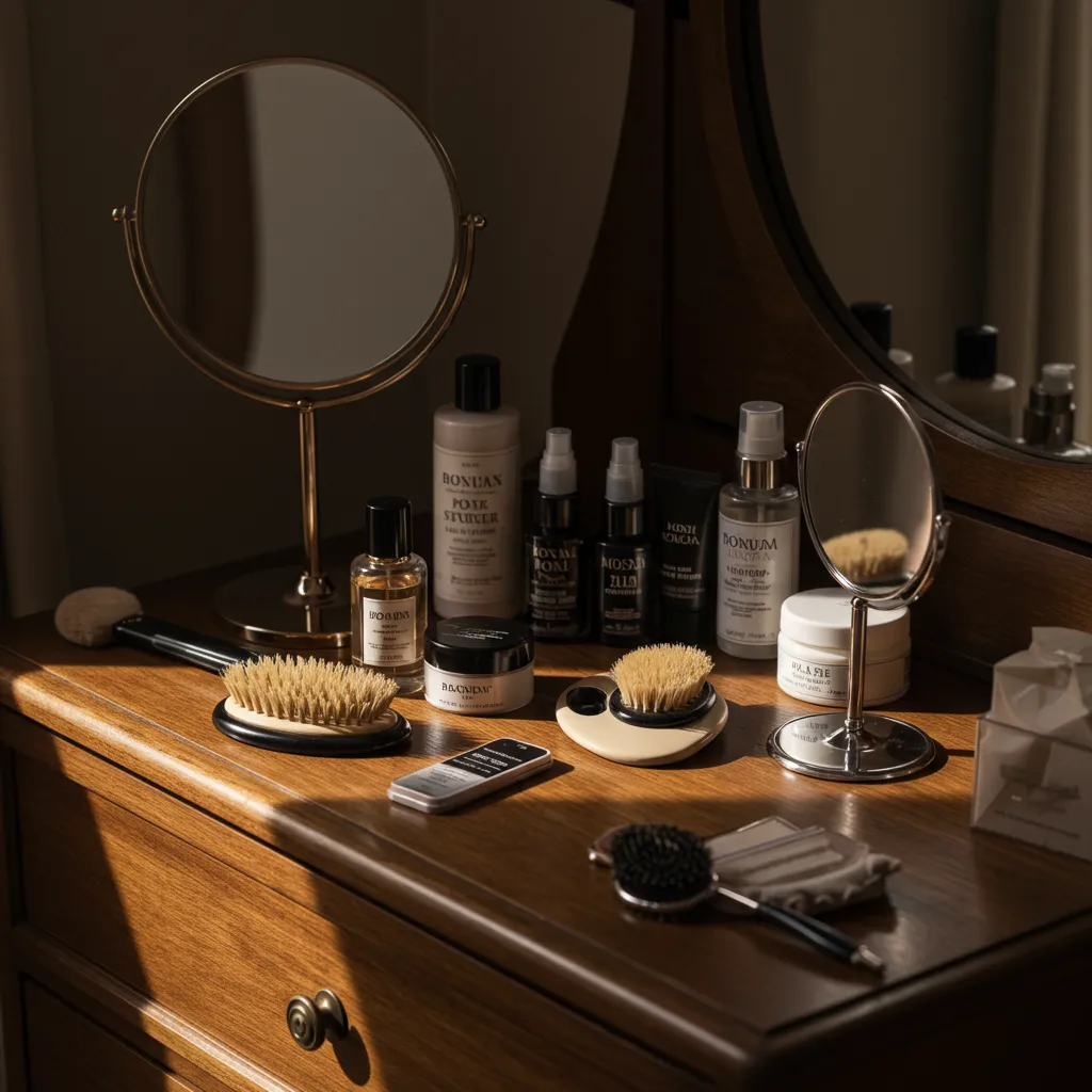 Mise en scène d'une routine de toilettage masculine avec flacon de parfum et accessoires