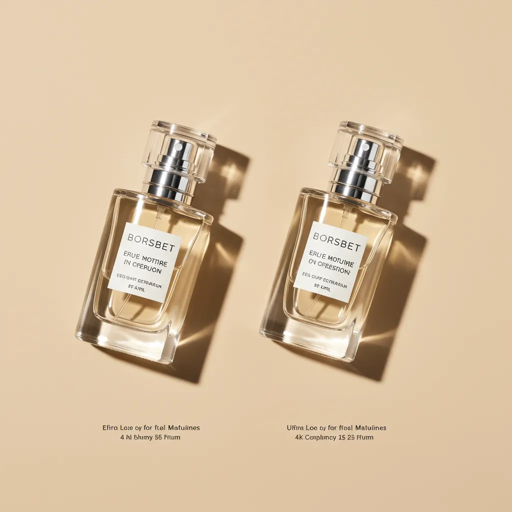 Comparaison visuelle de deux flacons de parfum côte à côte avec éclairage studio professionnel