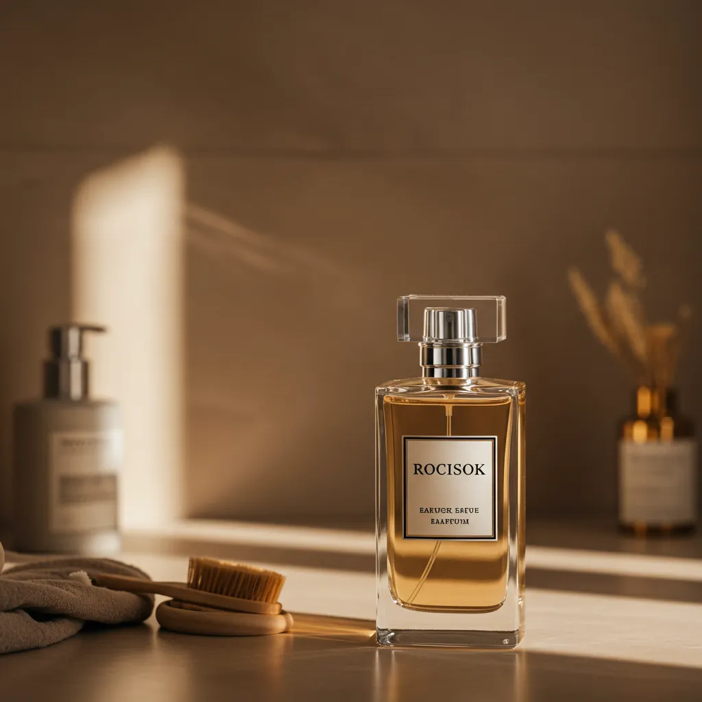 Flacon de parfum dans un cadre de vie élégant avec éclairage naturel et décor minimaliste