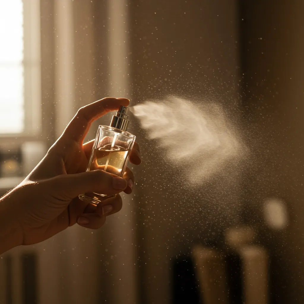 Moment d'application d'un parfum avec vaporisateur en action, lumière naturelle douce et ambiance sensuelle