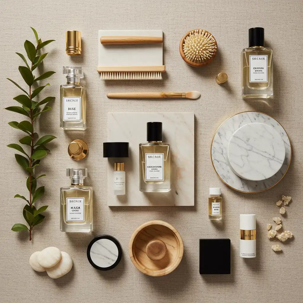 Mise en scène d'un flacon de parfum avec éléments de rangement et d'entretien, vue de dessus en lumière naturelle