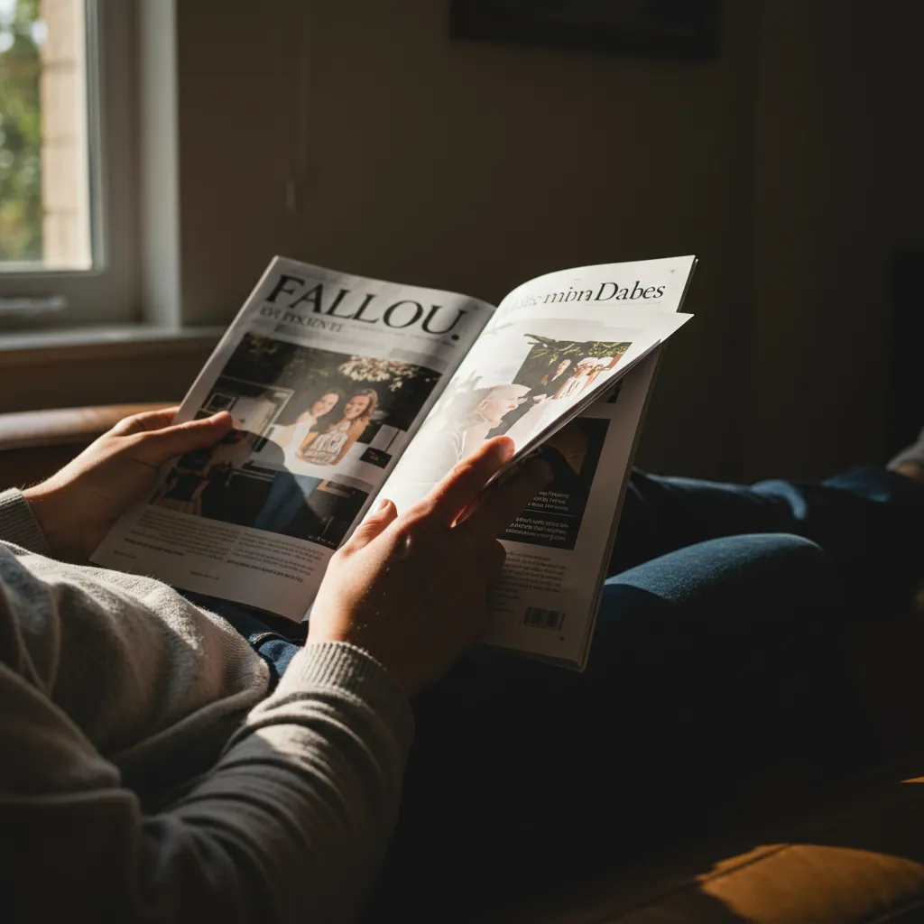 Personne lisant un magazine imprimé dans une ambiance chaleureuse et naturelle