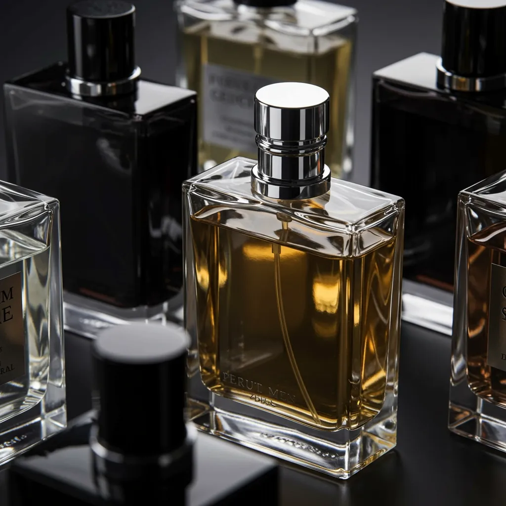 Gros plan sur des flacons de parfum haut de gamme avec éclairage studio professionnel