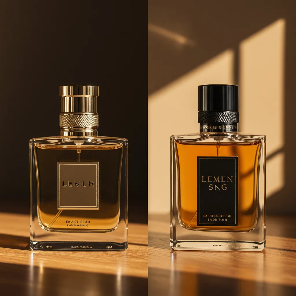 Deux flacons de parfum homme en face-à-face, éclairage naturel, style éditorial luxe