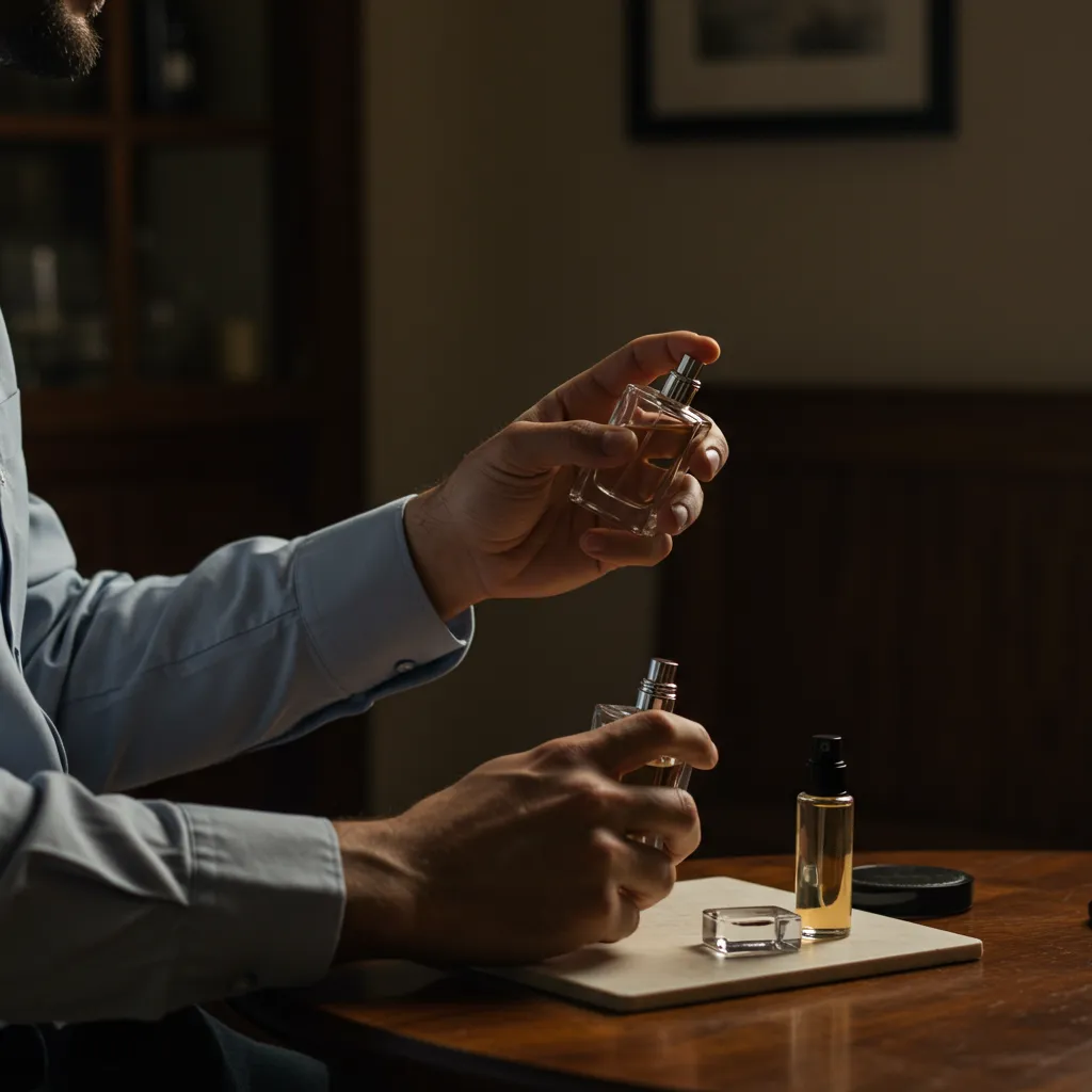 Homme testant un parfum en éclairage naturel, ambiance sophistiquée et élégante