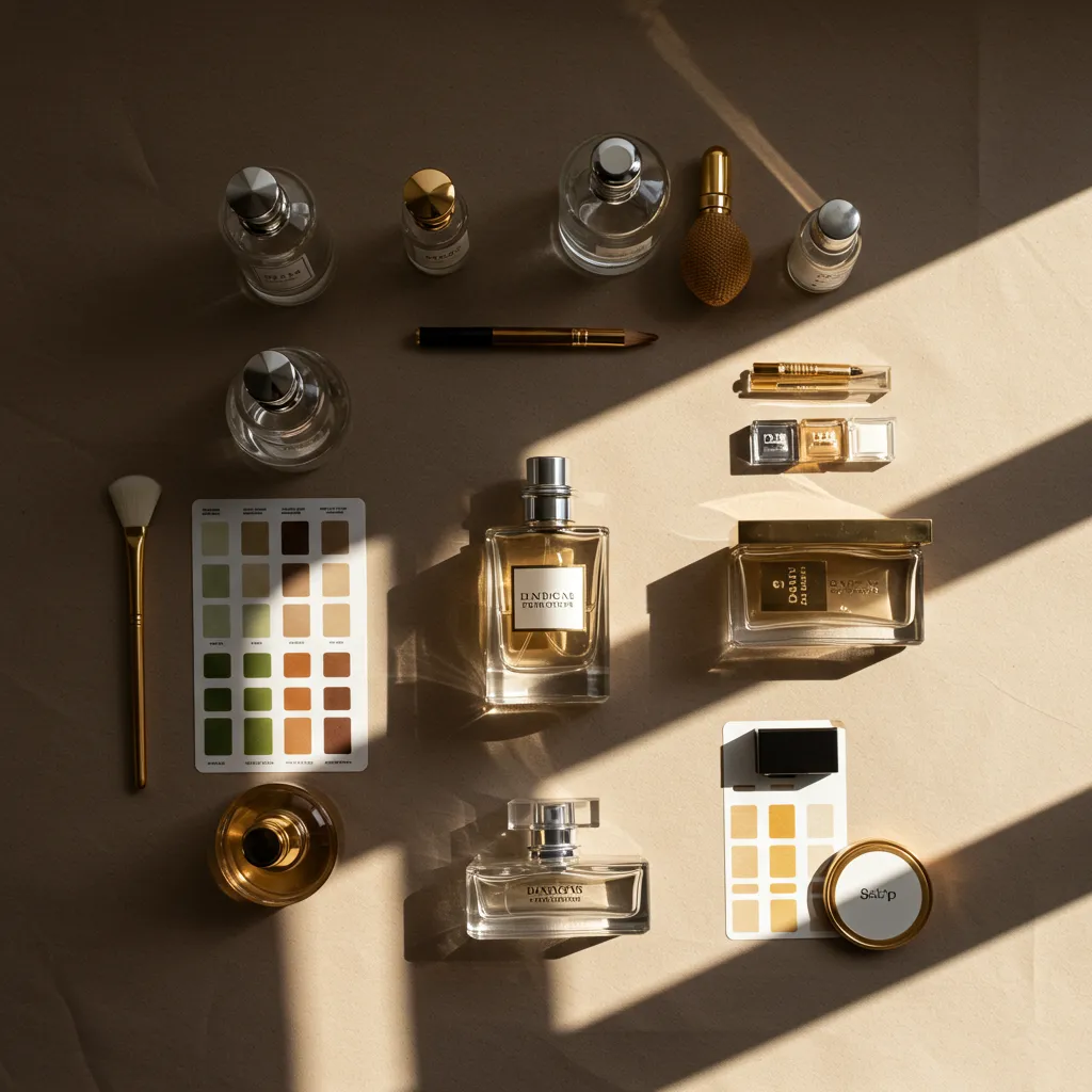 Composition plate de flacons de parfum et accessoires de test en lumière naturelle dorée