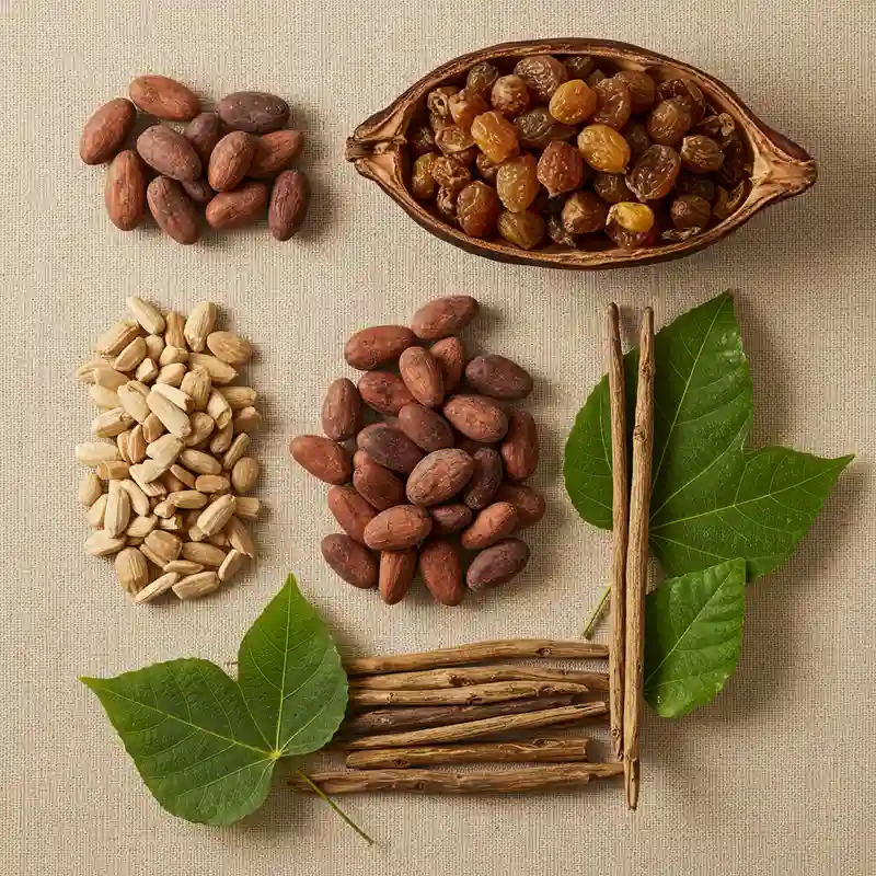 Composition des notes olfactives du parfum avec ingrédients naturels disposés en flat lay
