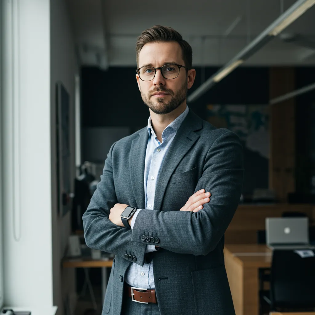 Homme en environnement professionnel illustrant l'utilisation quotidienne du parfum au bureau
