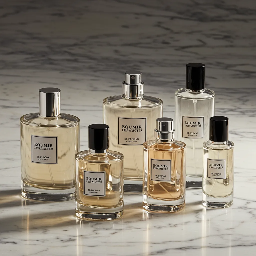 Flacons de parfum L'Air du Temps en différents formats alignés sur surface en marbre