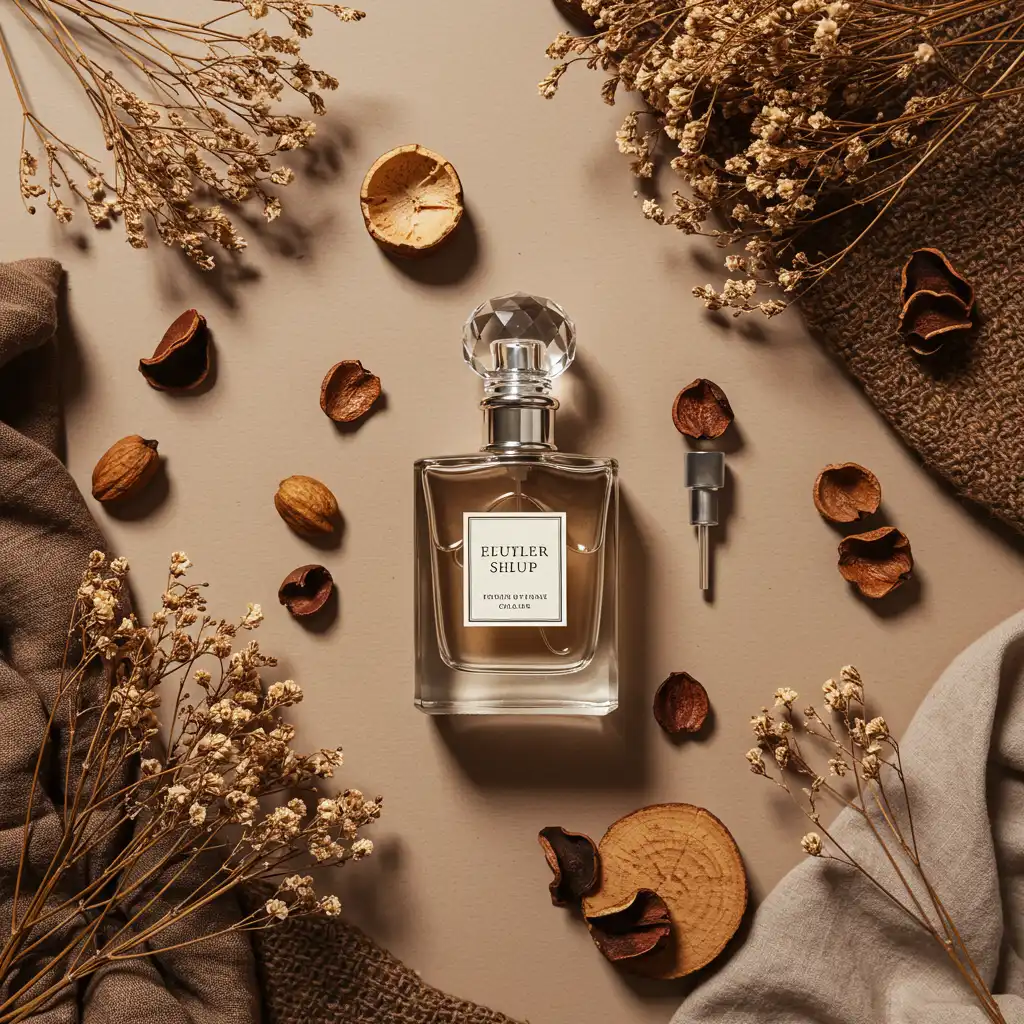 Composition stylisée du flacon de parfum avec éléments naturels et matières luxueuses