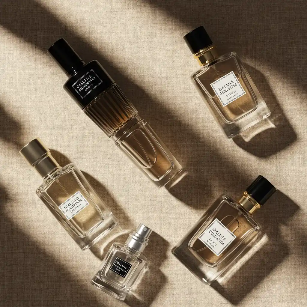 Vue de dessus de flacons de parfum classiques arrangés sur une surface neutre avec éclairage studio doux