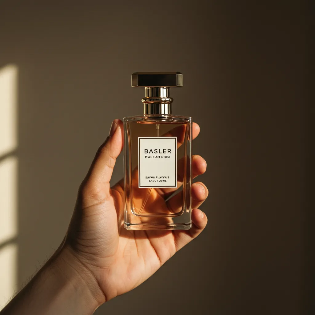 Gros plan d'une main tenant un flacon de parfum élégant avec éclairage naturel doux et fond neutre
