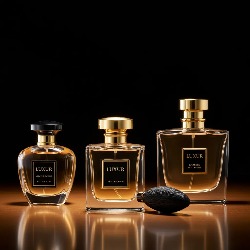 Présentation élégante de flacons de parfum premium avec éclairage studio chaud et surface réfléchissante
