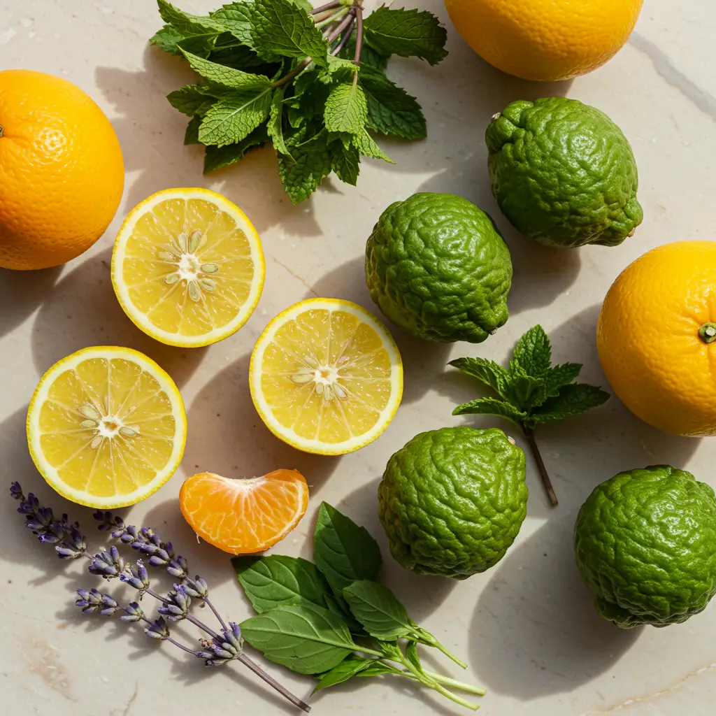 Gros plan sur les ingrédients des notes de tête : agrumes frais et herbes aromatiques sur marbre blanc