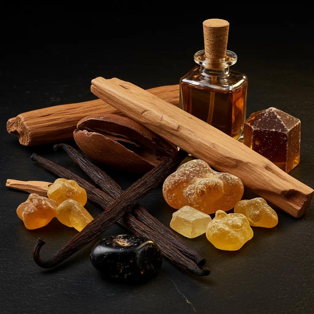 Composition riche des notes de fond : bois précieux, résines sombres et vanille sur fond texturé