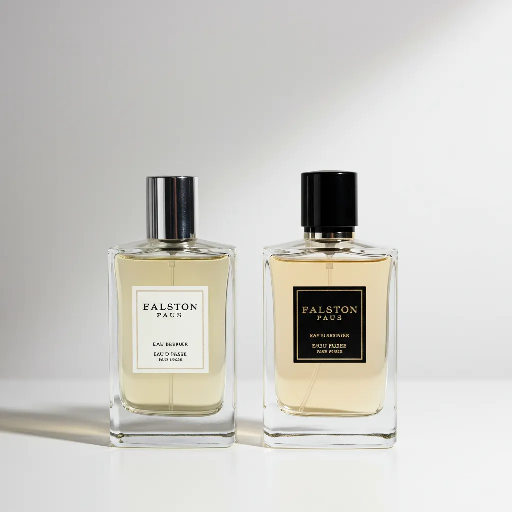 Deux flacons de parfum contrastés : style de niche minimaliste et style commercial classique