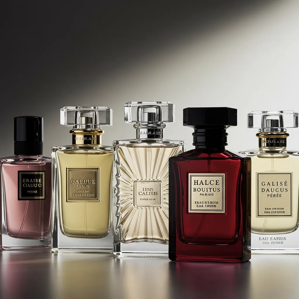 Cinq flacons de parfum du Vestiaire YSL alignés, mettant en avant leurs différentes formes et couleurs distinctives
