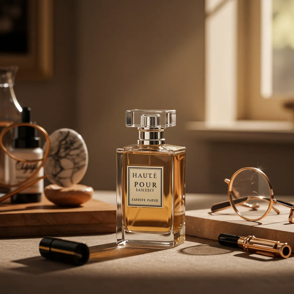 Flacon de parfum de luxe présenté dans un contexte lifestyle raffiné avec éclairage naturel