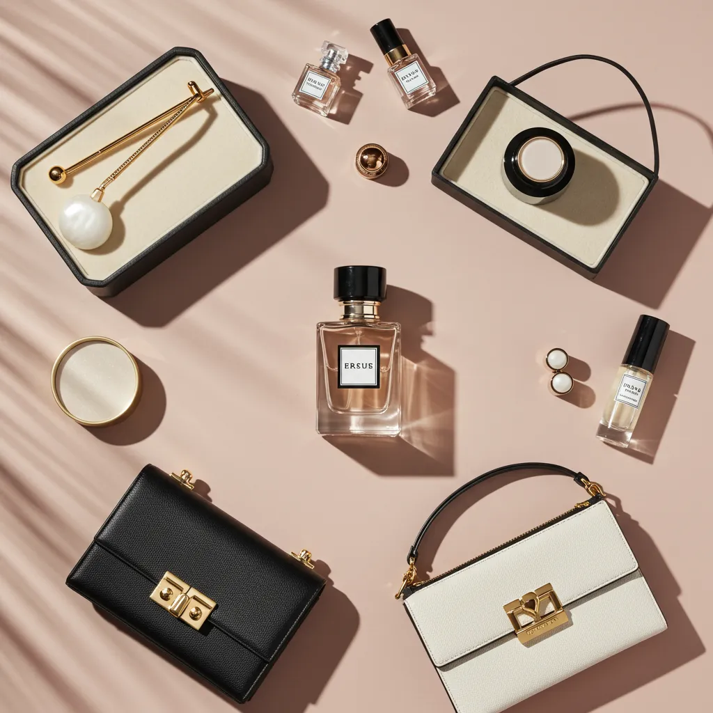 Composition en vue de dessus d'un flacon de parfum de luxe dans un contexte d'achat et de sélection