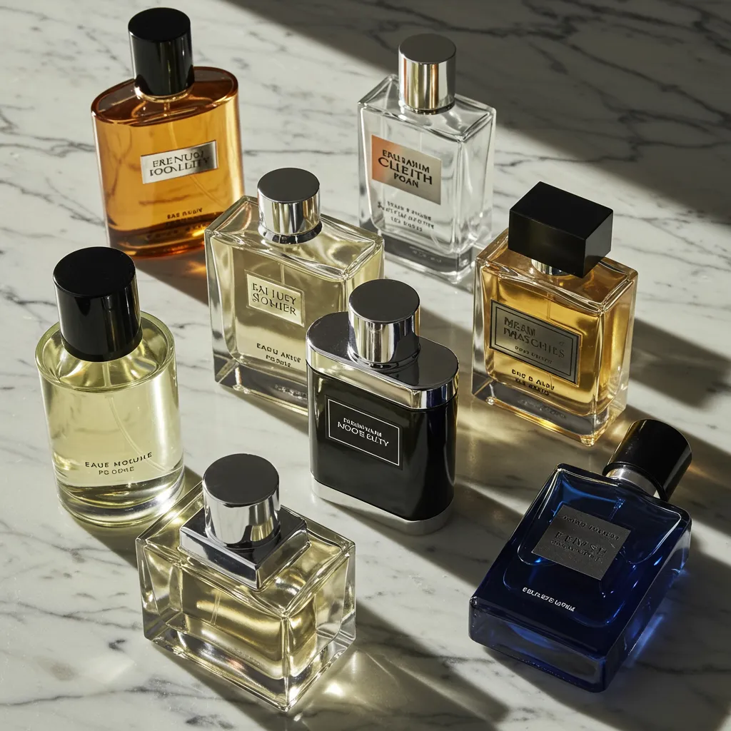 Sélection de parfums hommes à différents prix photographiés avec éclairage naturel