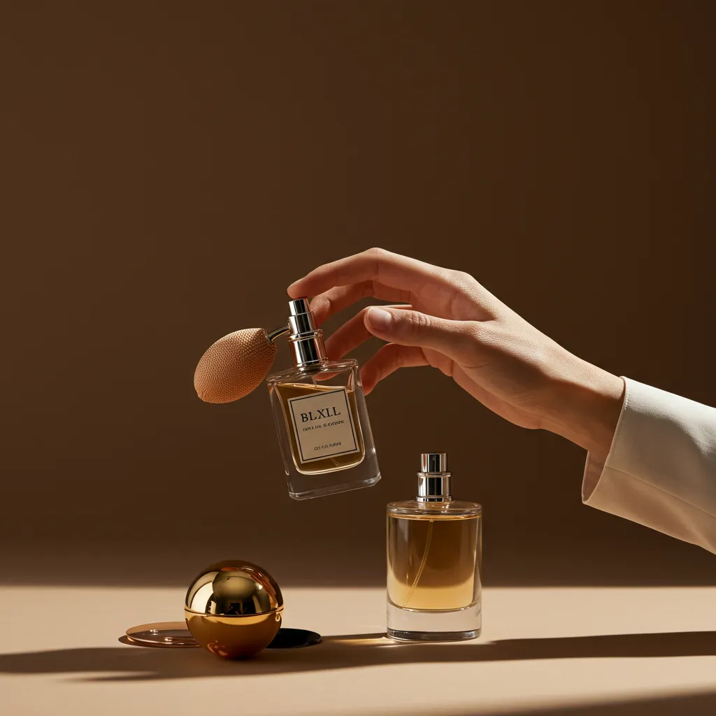 Photographie éditoriale montrant la sélection et l'application d'un parfum homme