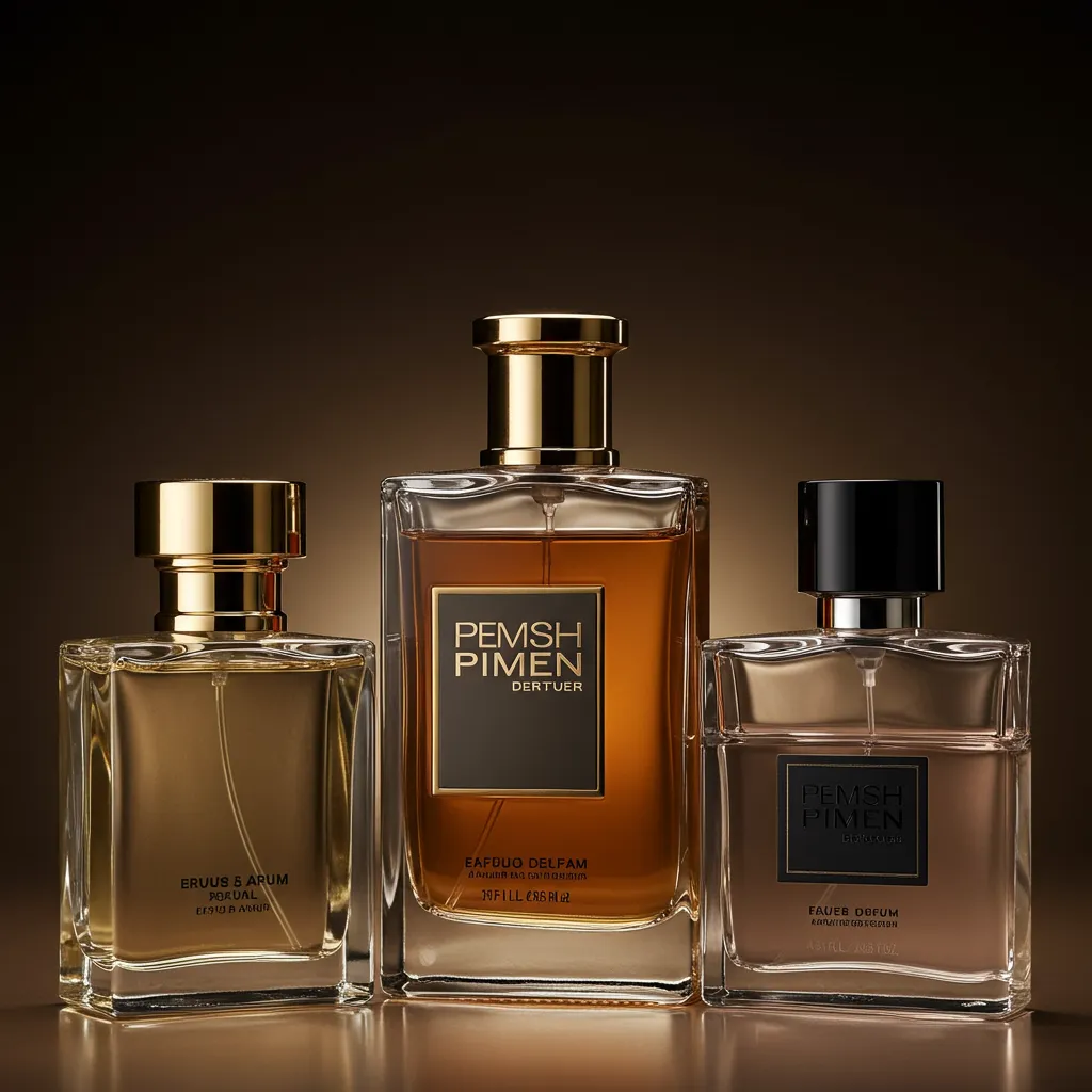 Trois flacons de parfum haut de gamme en gros plan avec détails de conception et texture du verre