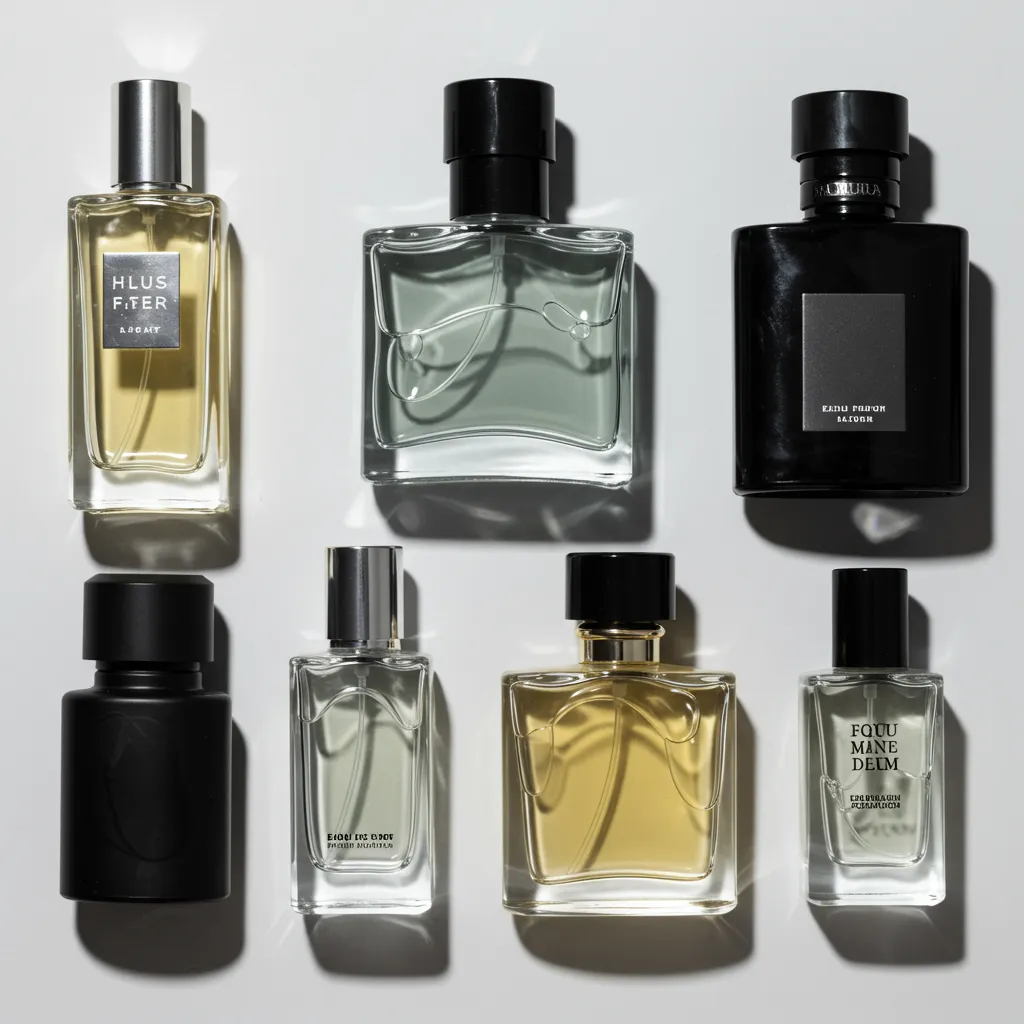 Vue de dessus de différentes concentrations et formats de parfums homme présentés en composition équilibrée
